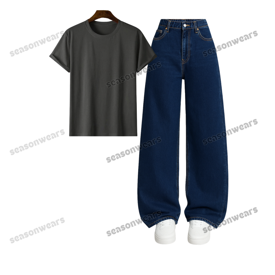 Regular Tee With Darkblue Wide Leg Jeans