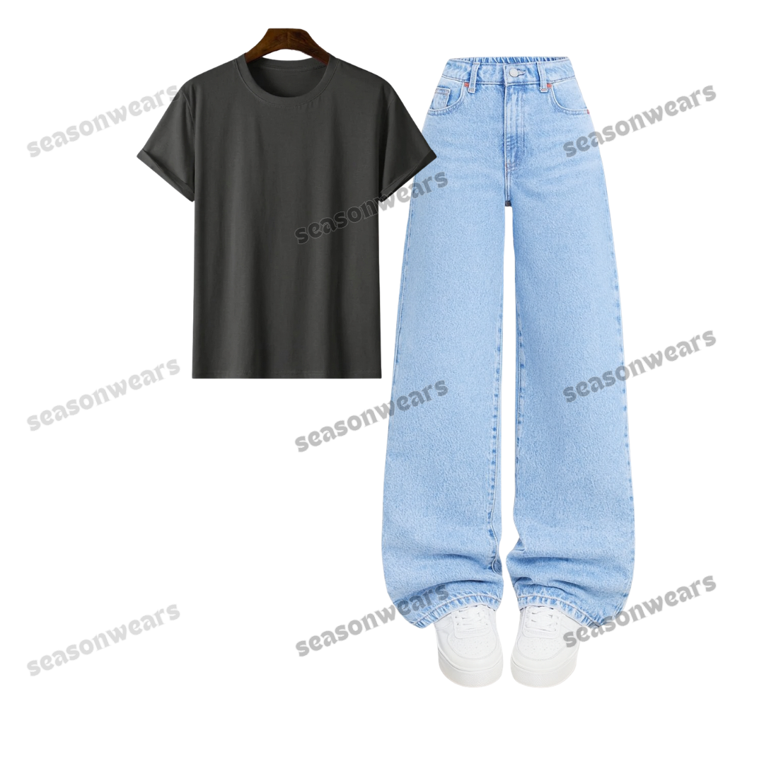 Regular Tee With Iceblue Wide Leg Jeans
