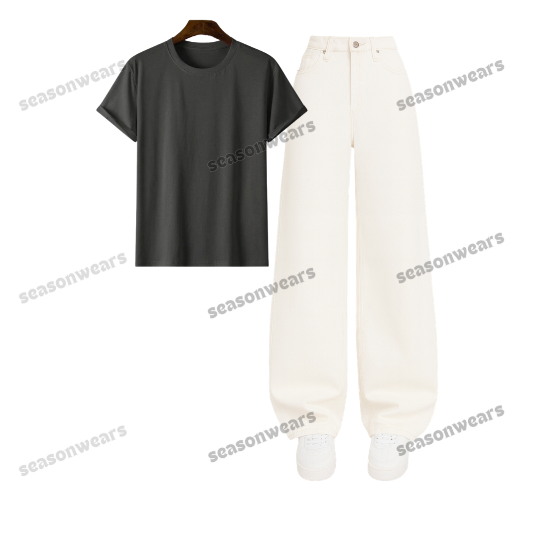 Regular Tee With White Wide Leg Jeans