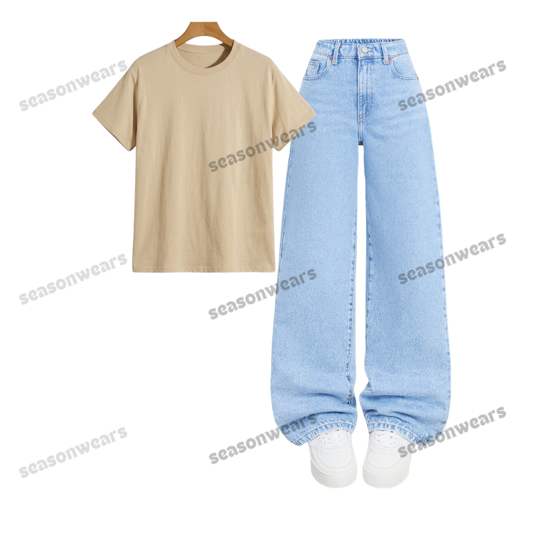 Regular Tee With Iceblue Wide Leg Jeans