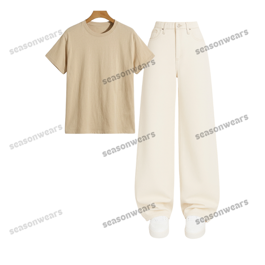 Regular Tee With Beige Wide Leg Jeans