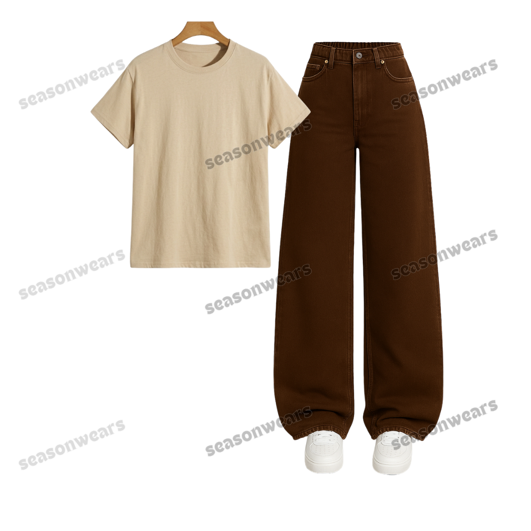 Regular Tee With Brown Wide Leg Jeans