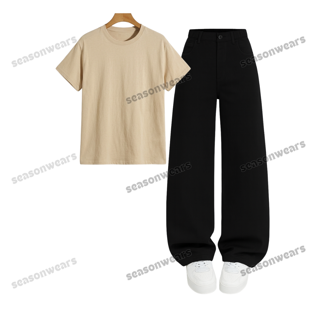 Regular Tee With Black Wide Leg Jeans
