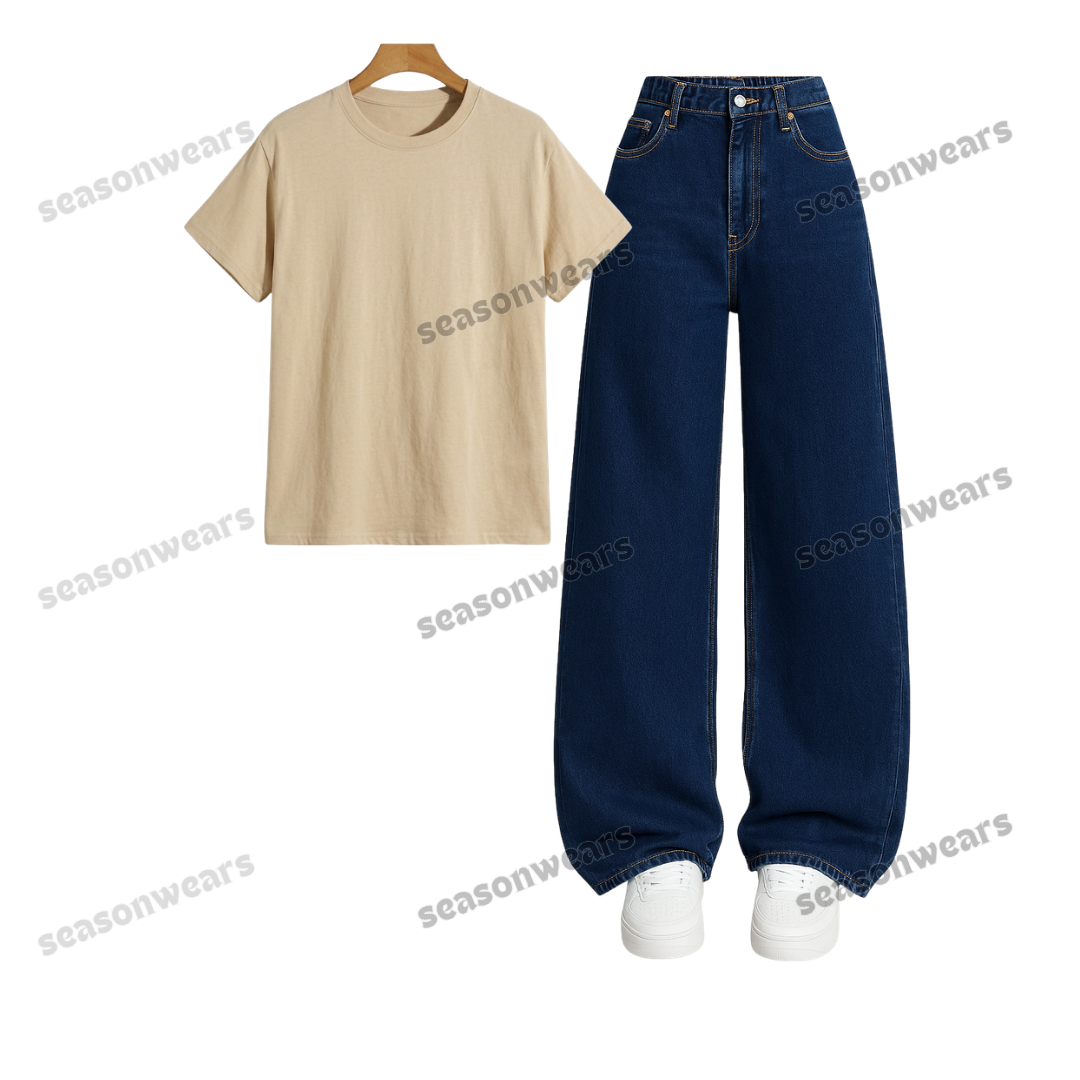 Regular Tee With Darkblue Wide Leg Jeans
