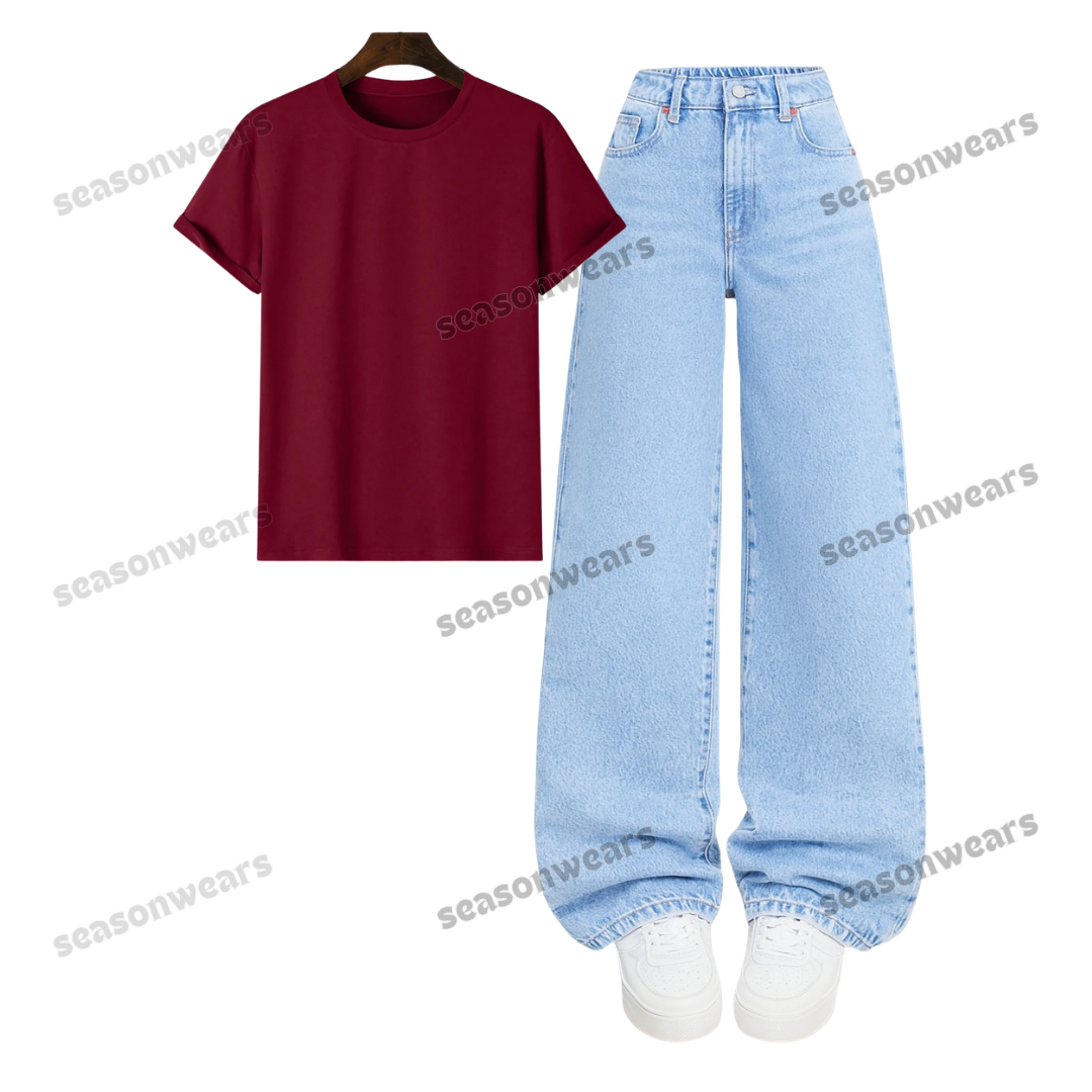 Regular Tee With Iceblue Wide Leg Jeans