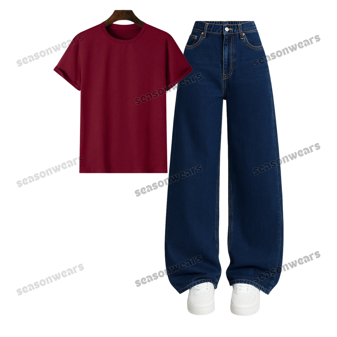 Regular Tee With Darkblue Wide Leg Jeans