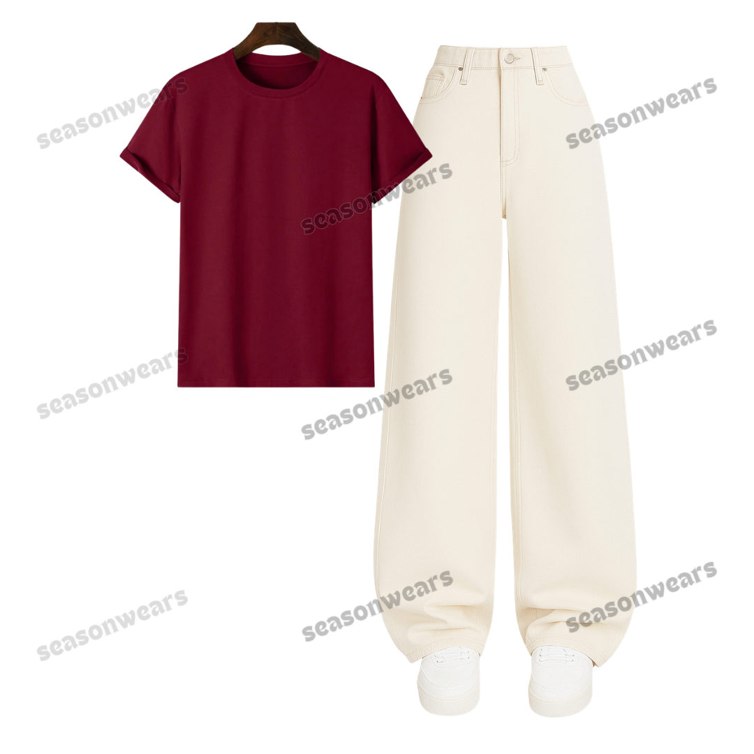 Regular Tee With Beige Wide Leg Jeans