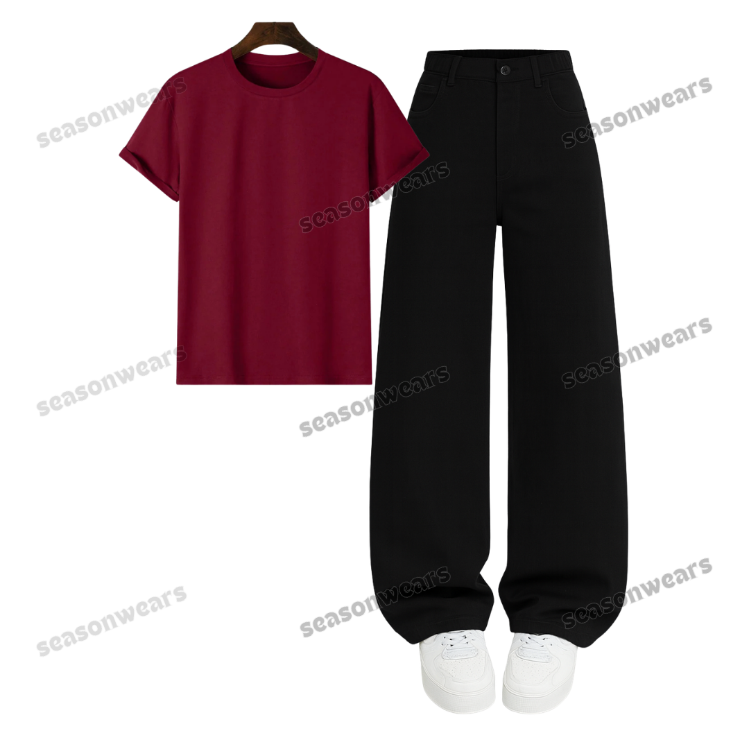 Regular Tee With Black Wide Leg Jeans