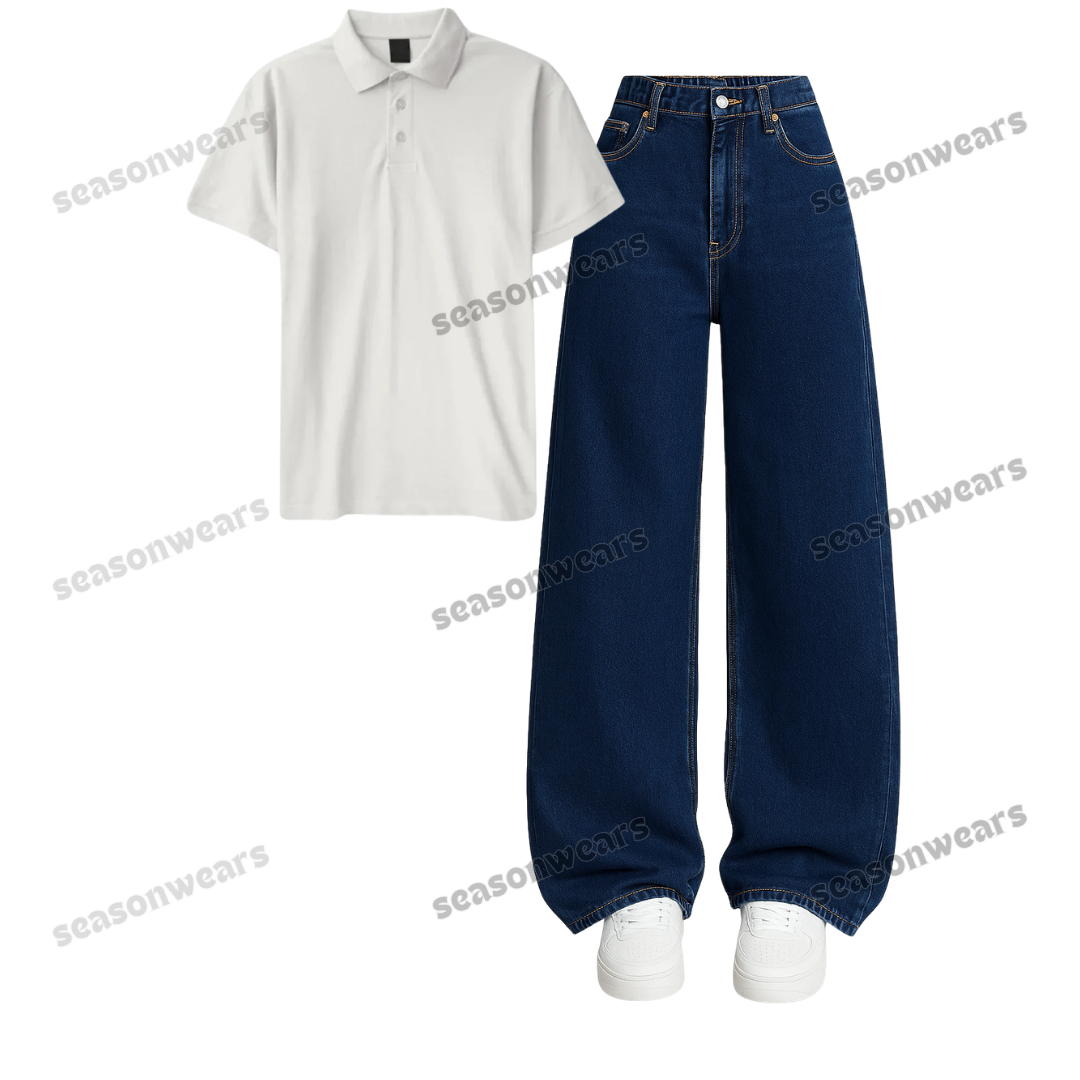 Polo With Darkblue Wide Leg Jeans