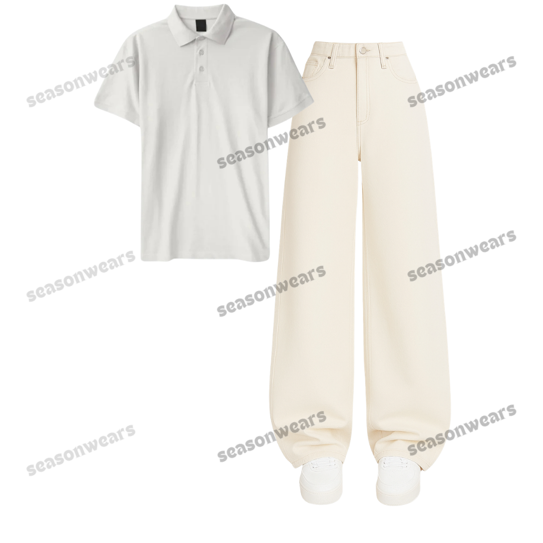 Polo With Beige Wide Leg Jeans