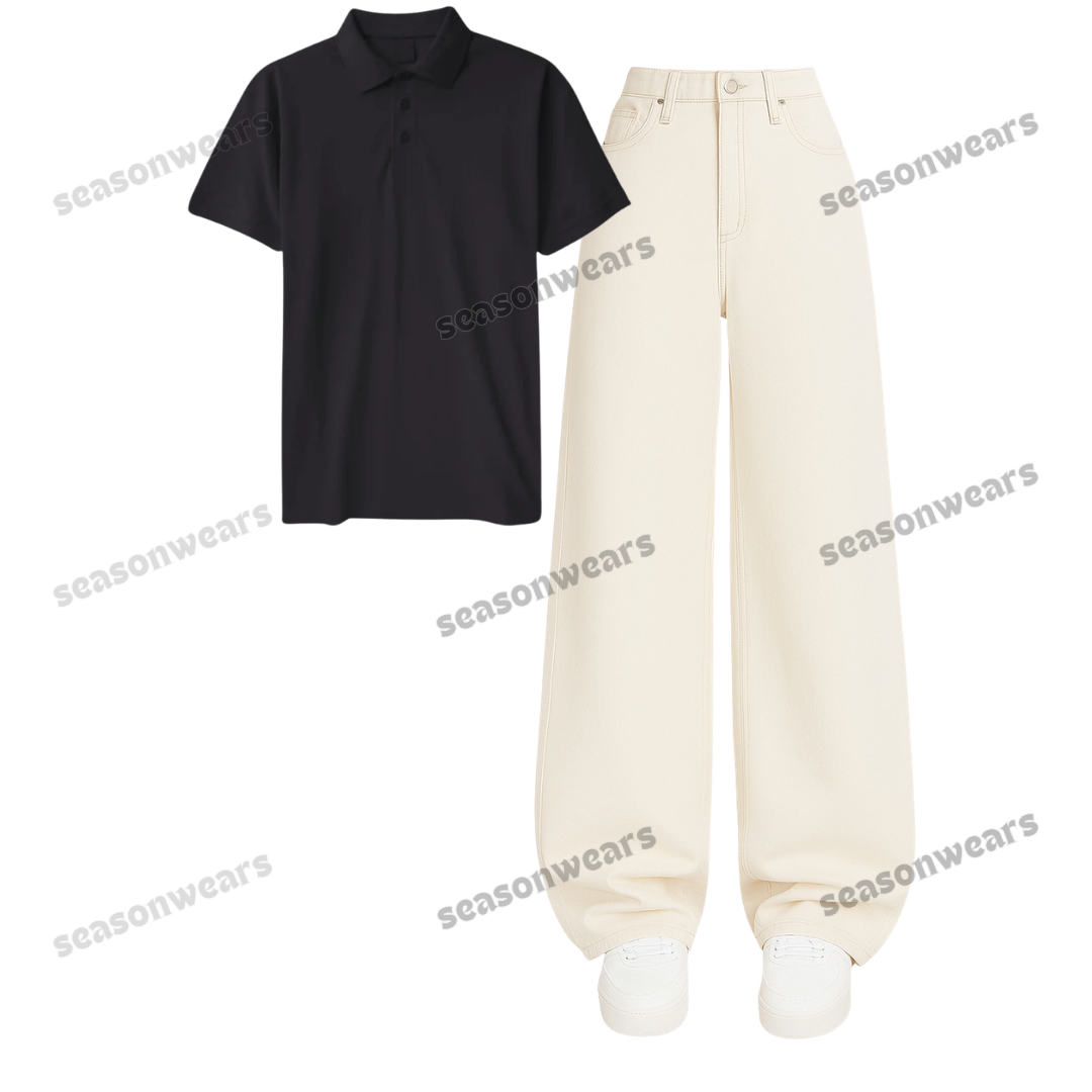 Polo With Beige Wide Leg Jeans