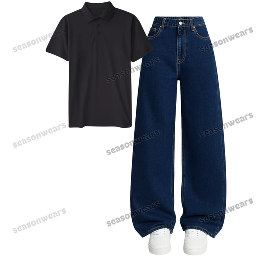 Polo With Darkblue Wide Leg Jeans
