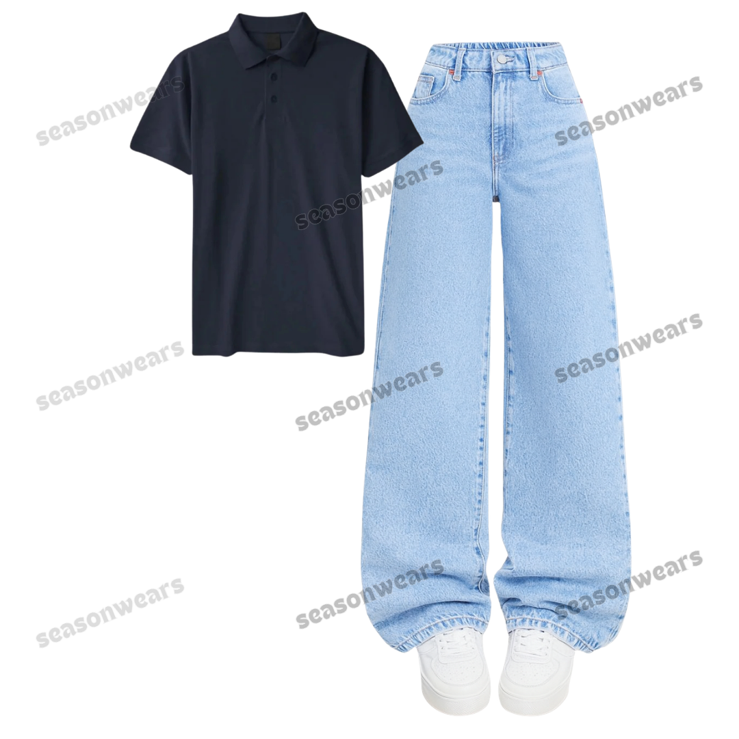 Polo With Iceblue Wide Leg Jeans