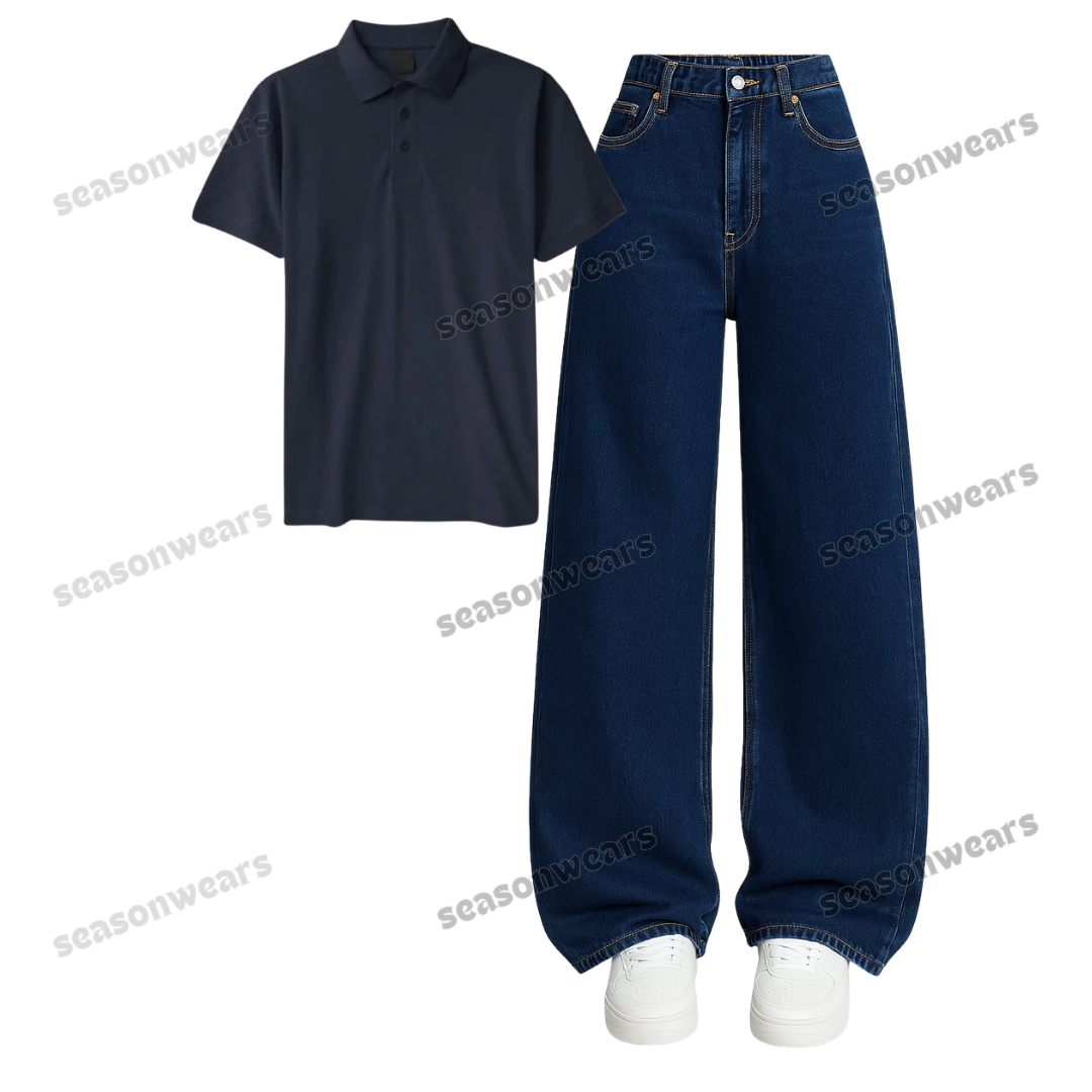 Polo With Darkblue Wide Leg Jeans