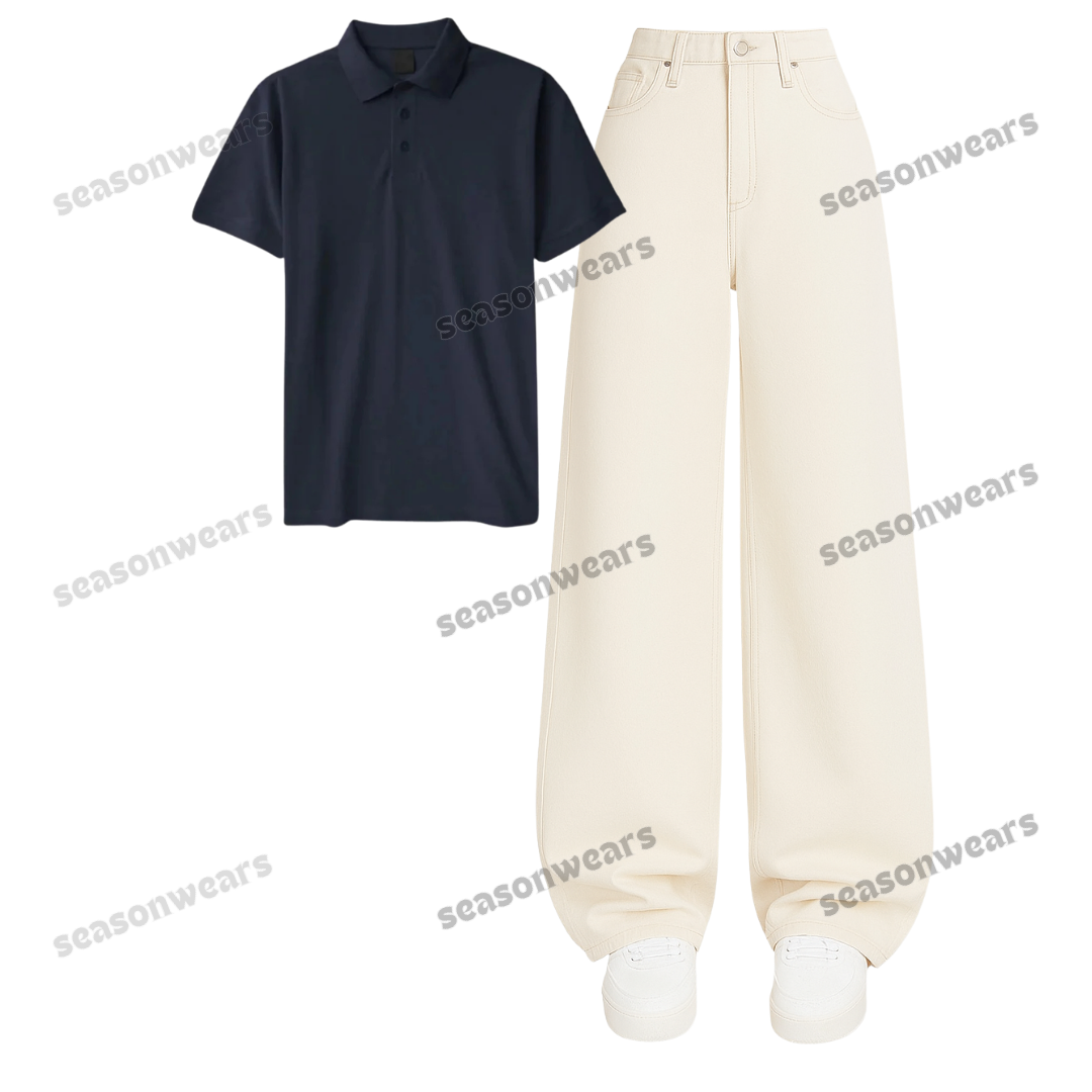 Polo With Beige Wide Leg Jeans