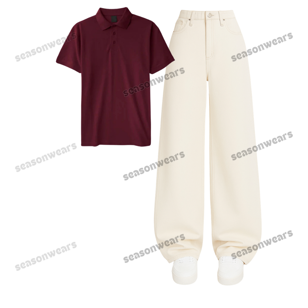 Polo With Beige Wide Leg Jeans
