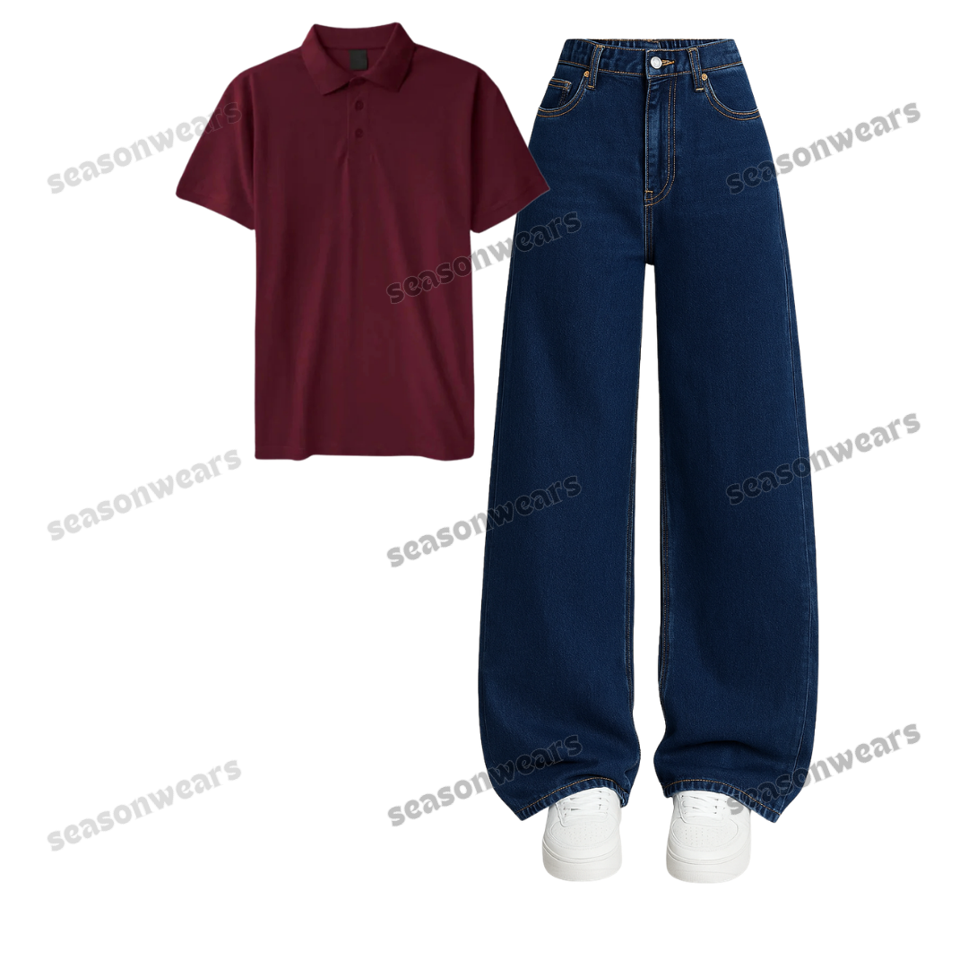 Polo With Darkblue Wide Leg Jeans