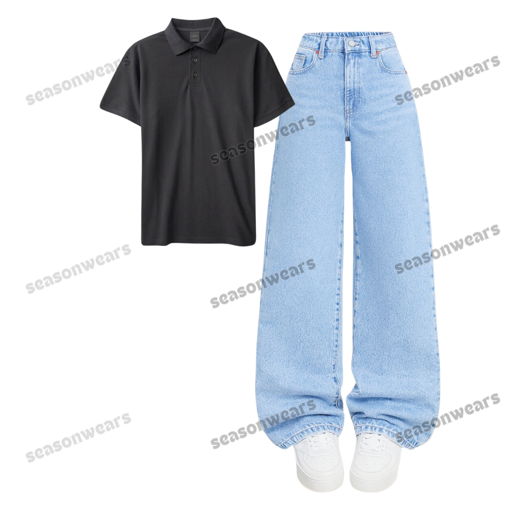 Polo With Iceblue Wide Leg Jeans