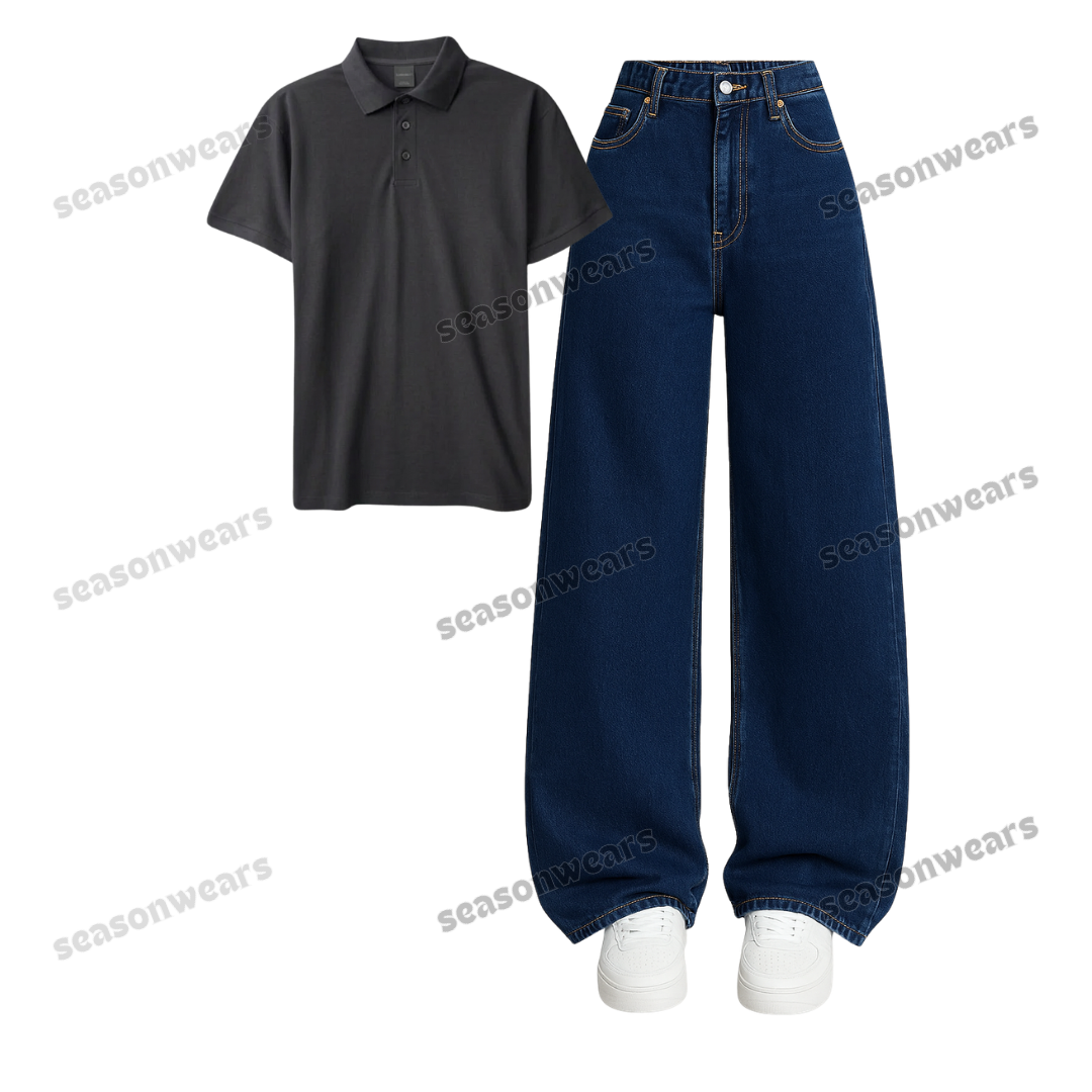 Polo With Darkblue Wide Leg Jeans