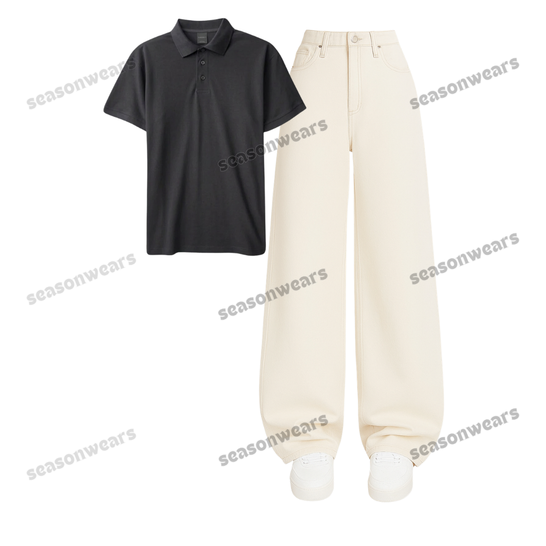 Polo With Beige Wide Leg Jeans
