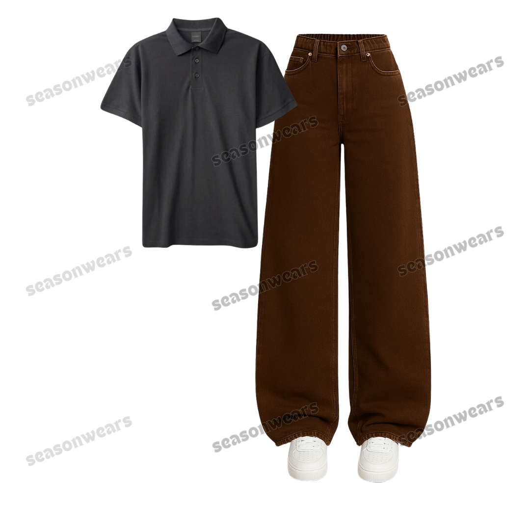 Polo With Brown Wide Leg Jeans