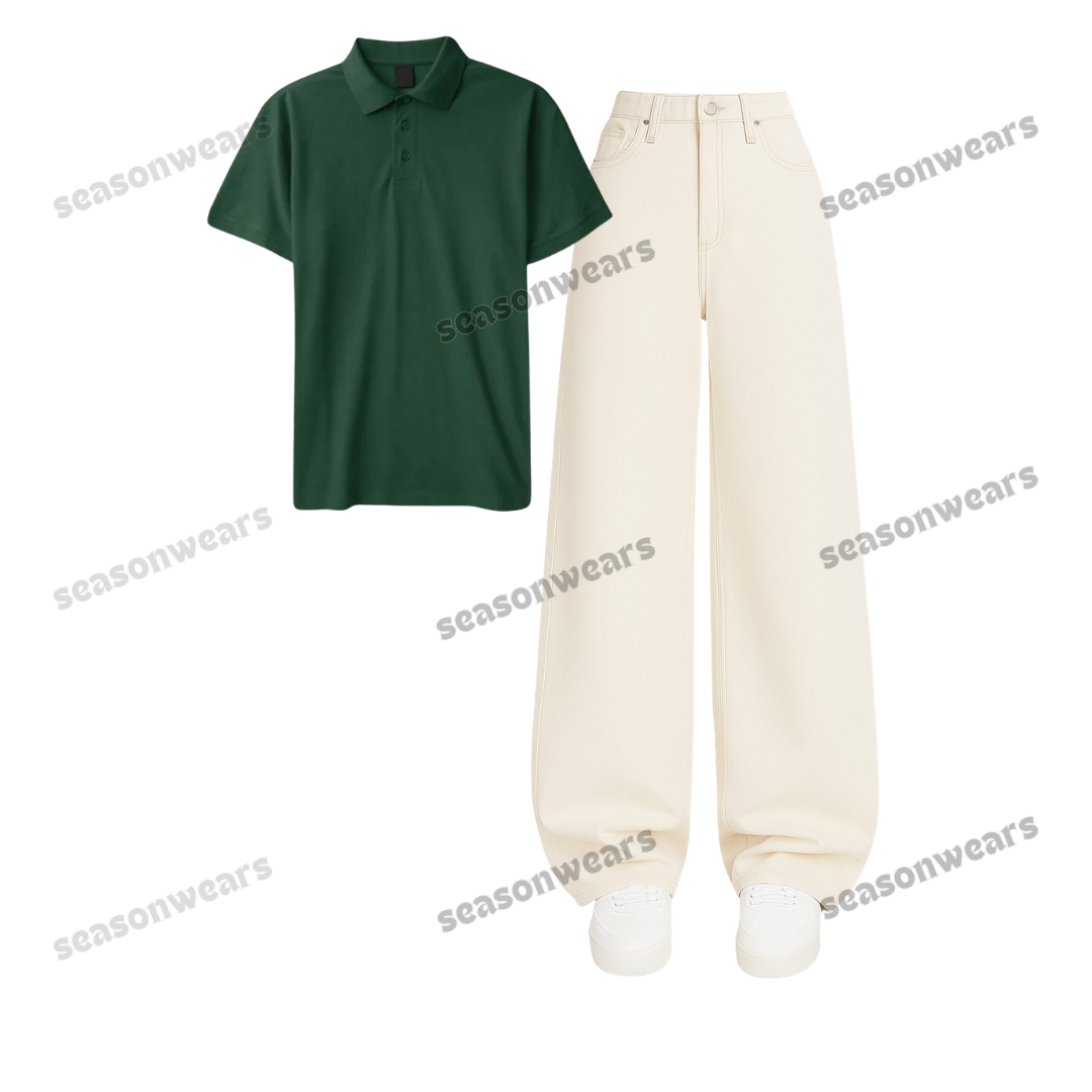 Polo With Beige Wide Leg Jeans