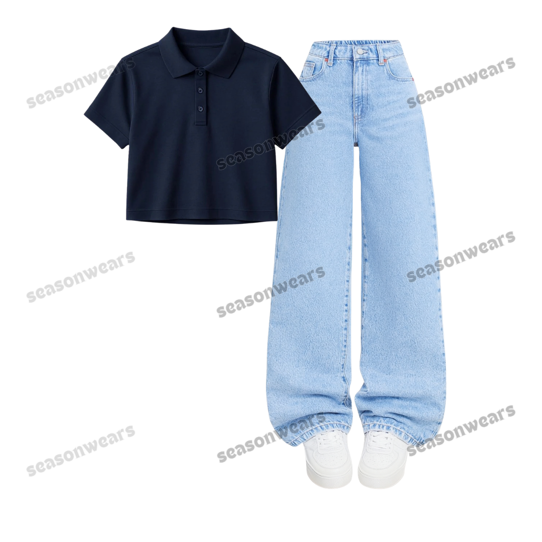 Crop Polo With Iceblue Wide Leg Jeans