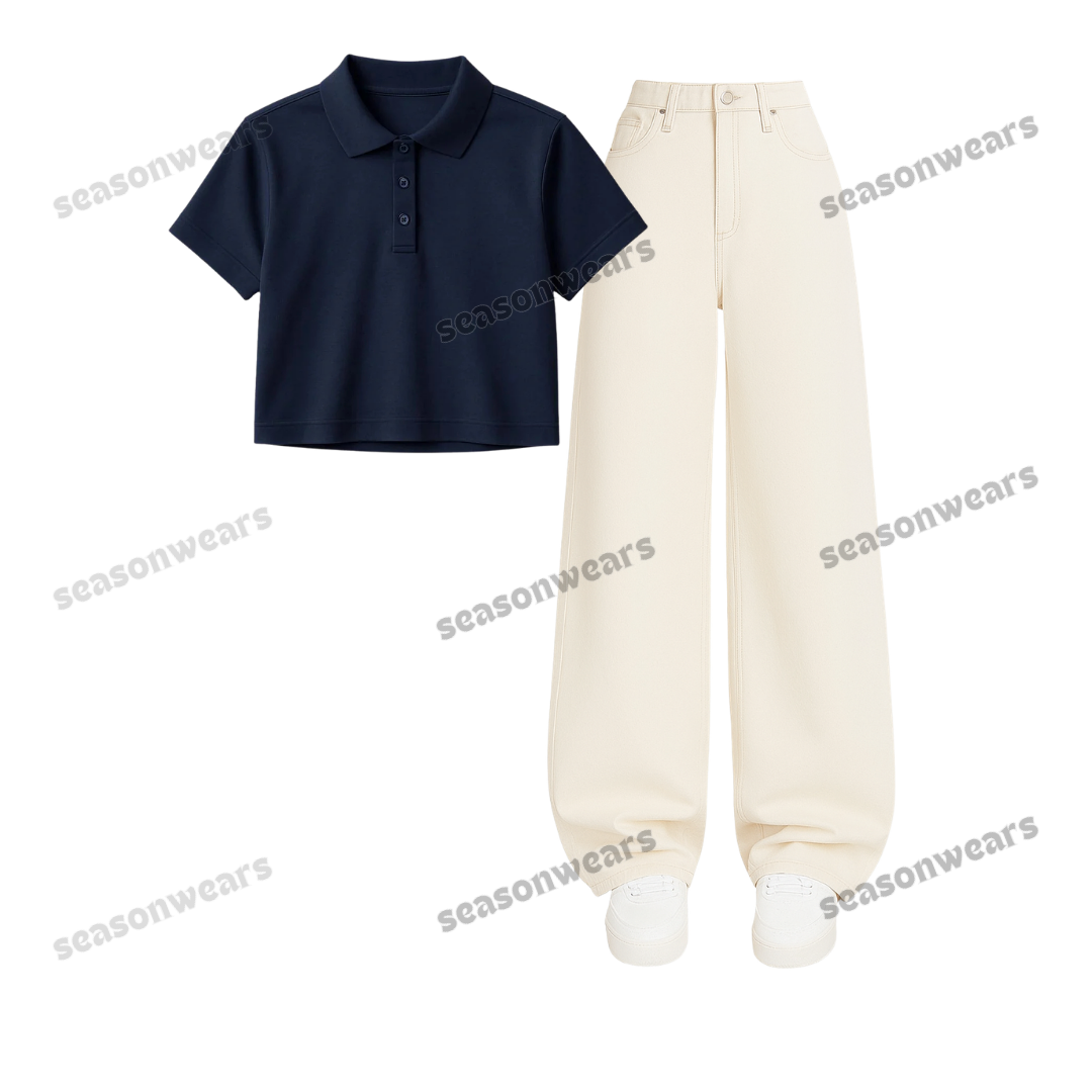 Crop Polo With Beige Wide Leg Jeans