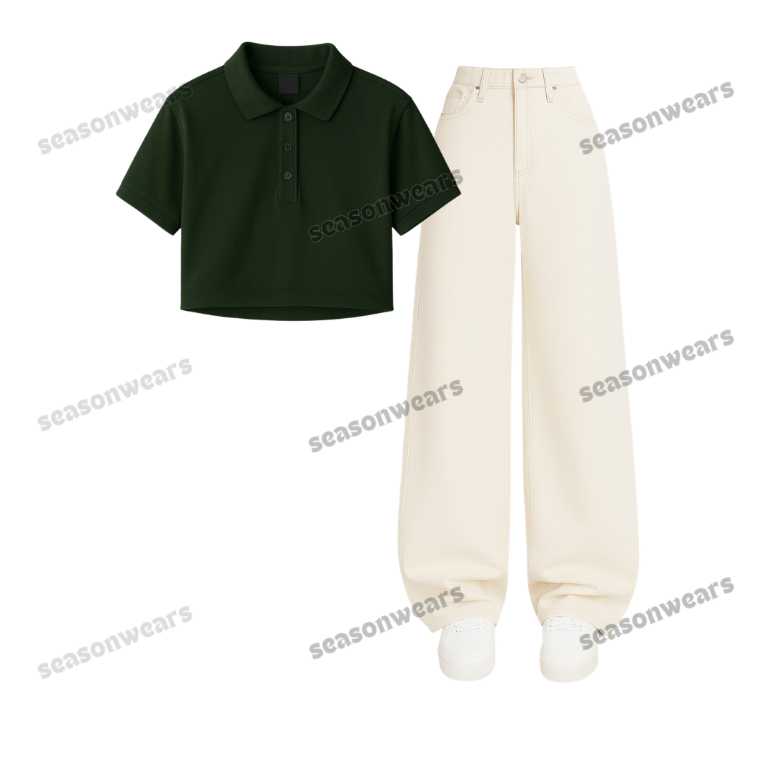 Crop Polo With Beige Wide Leg Jeans