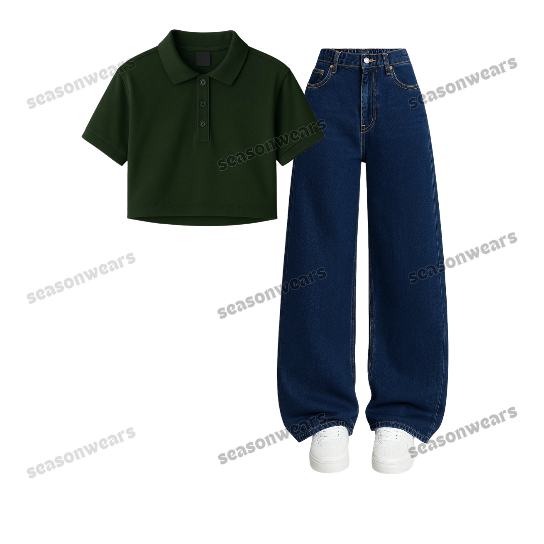 Crop Polo With Iceblue Wide Leg Jeans
