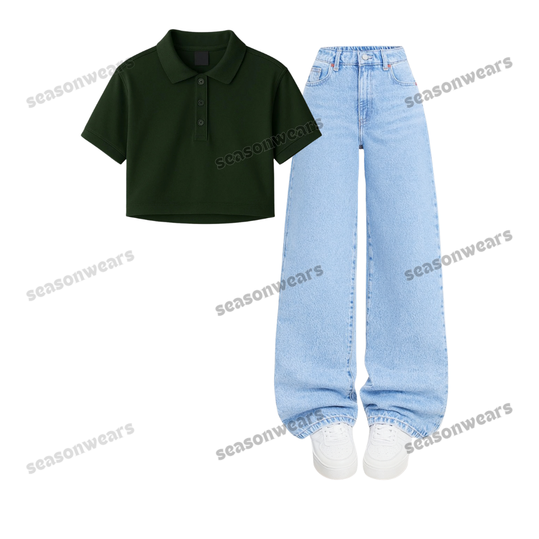 Crop Polo With Iceblue Wide Leg Jeans