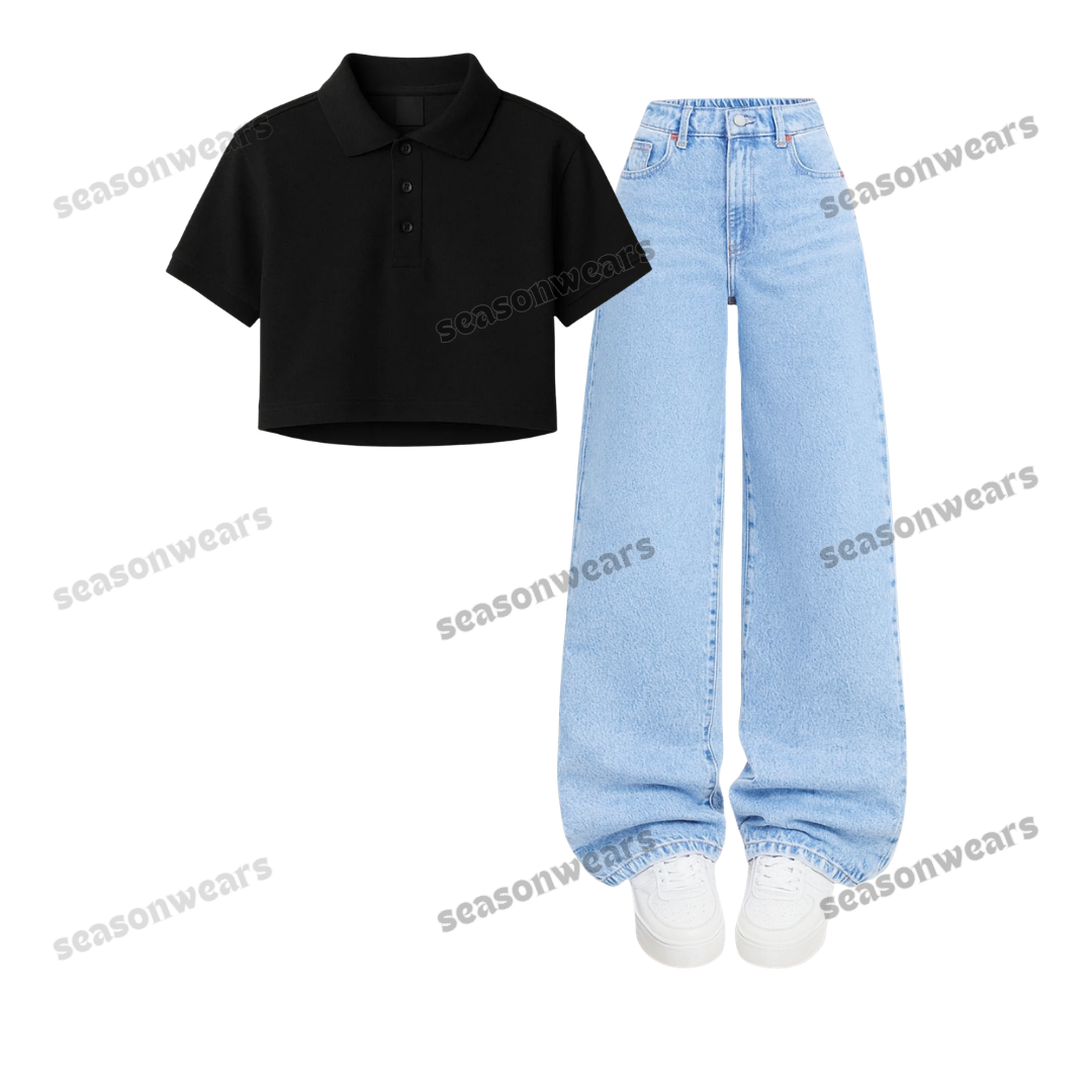 Crop Polo With Iceblue Wide Leg Jeans