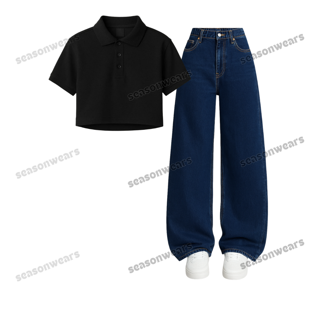 Crop Polo With Iceblue Wide Leg Jeans