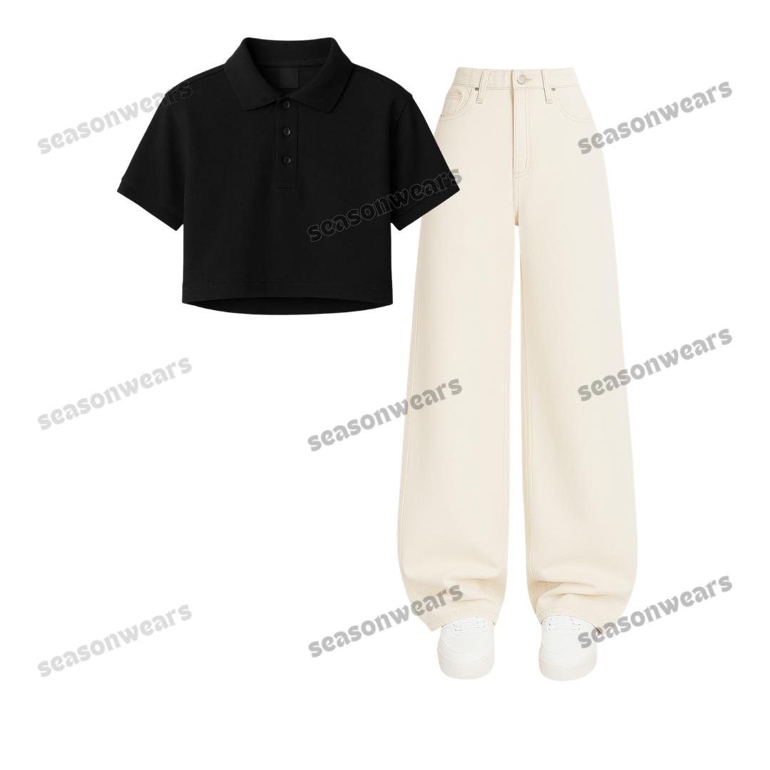 Crop Polo With Beige Wide Leg Jeans