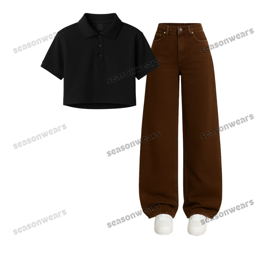 Crop Polo With Brown Wide Leg Jeans