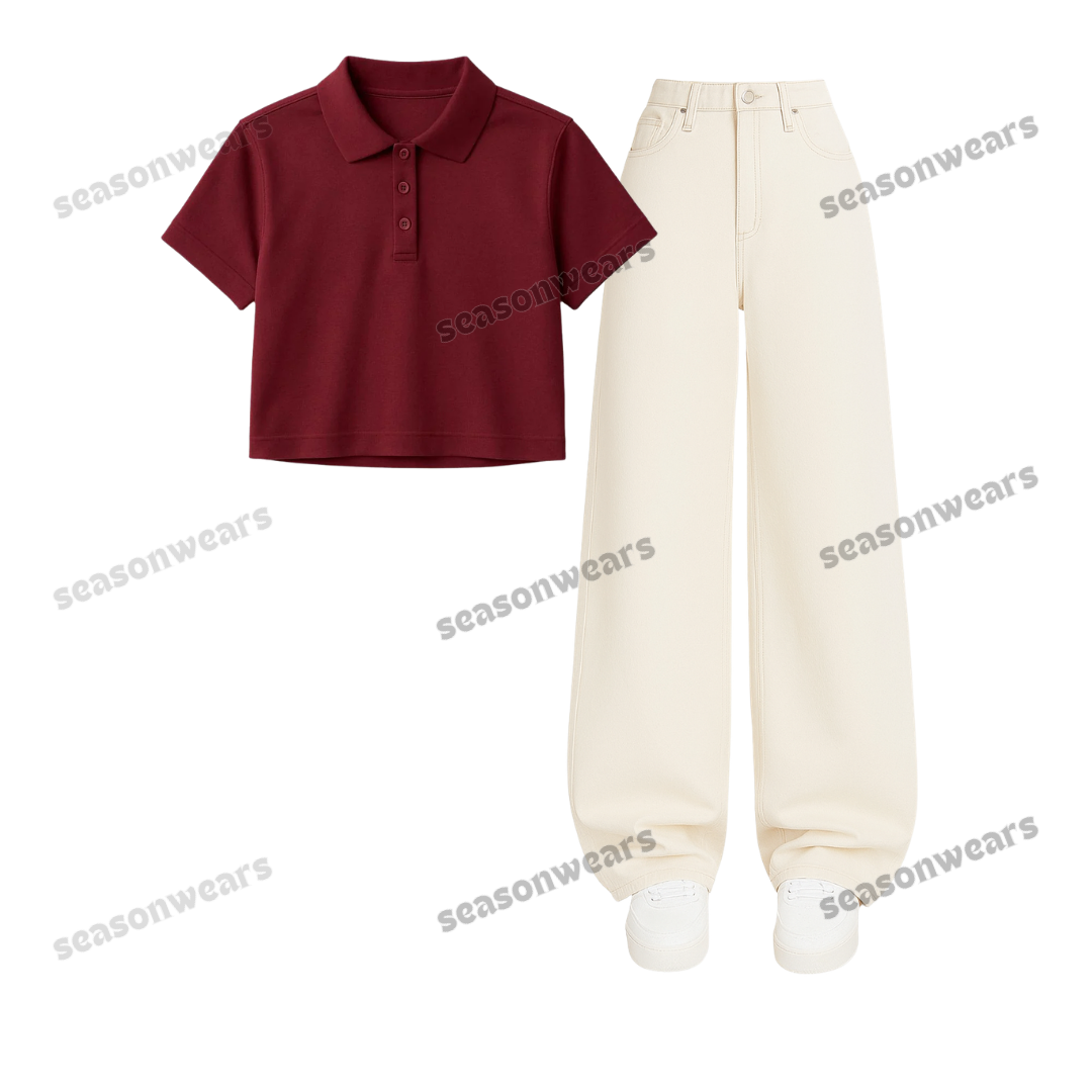 Crop Polo With Beige Wide Leg Jeans