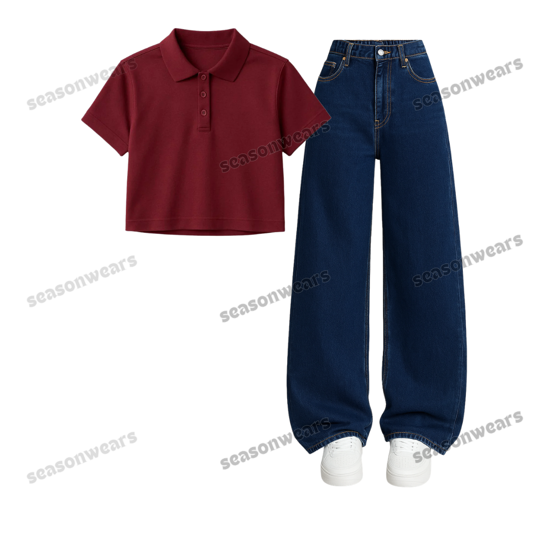 Crop Polo With Iceblue Wide Leg Jeans
