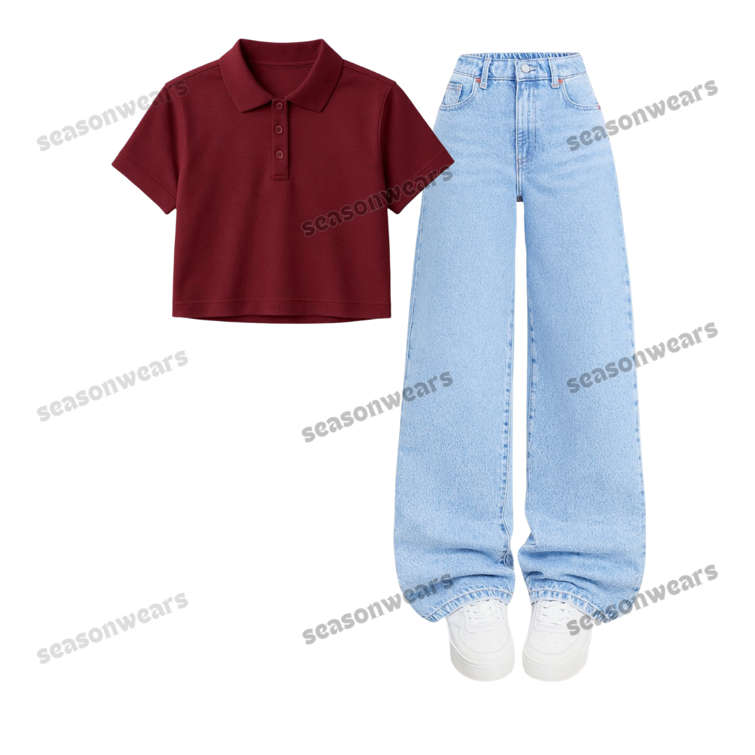 Crop Polo With Iceblue Wide Leg Jeans