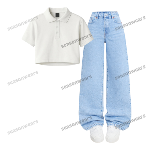 Crop Polo With Iceblue Wide Leg Jeans