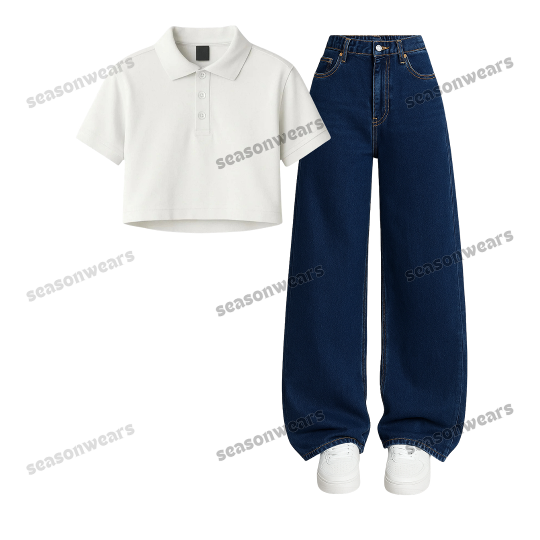 Crop Polo With Iceblue Wide Leg Jeans