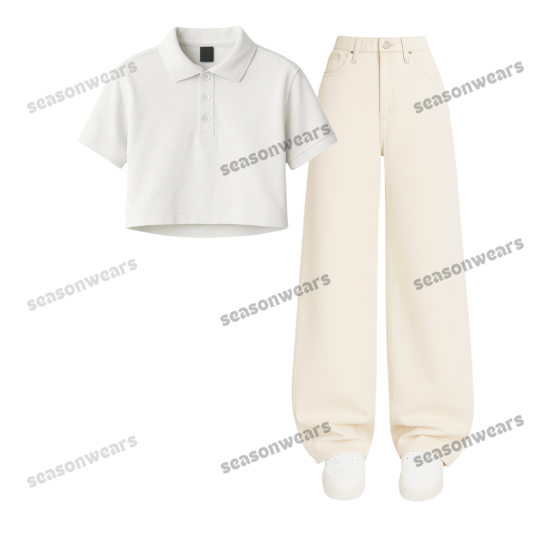 Crop Polo With Beige Wide Leg Jeans