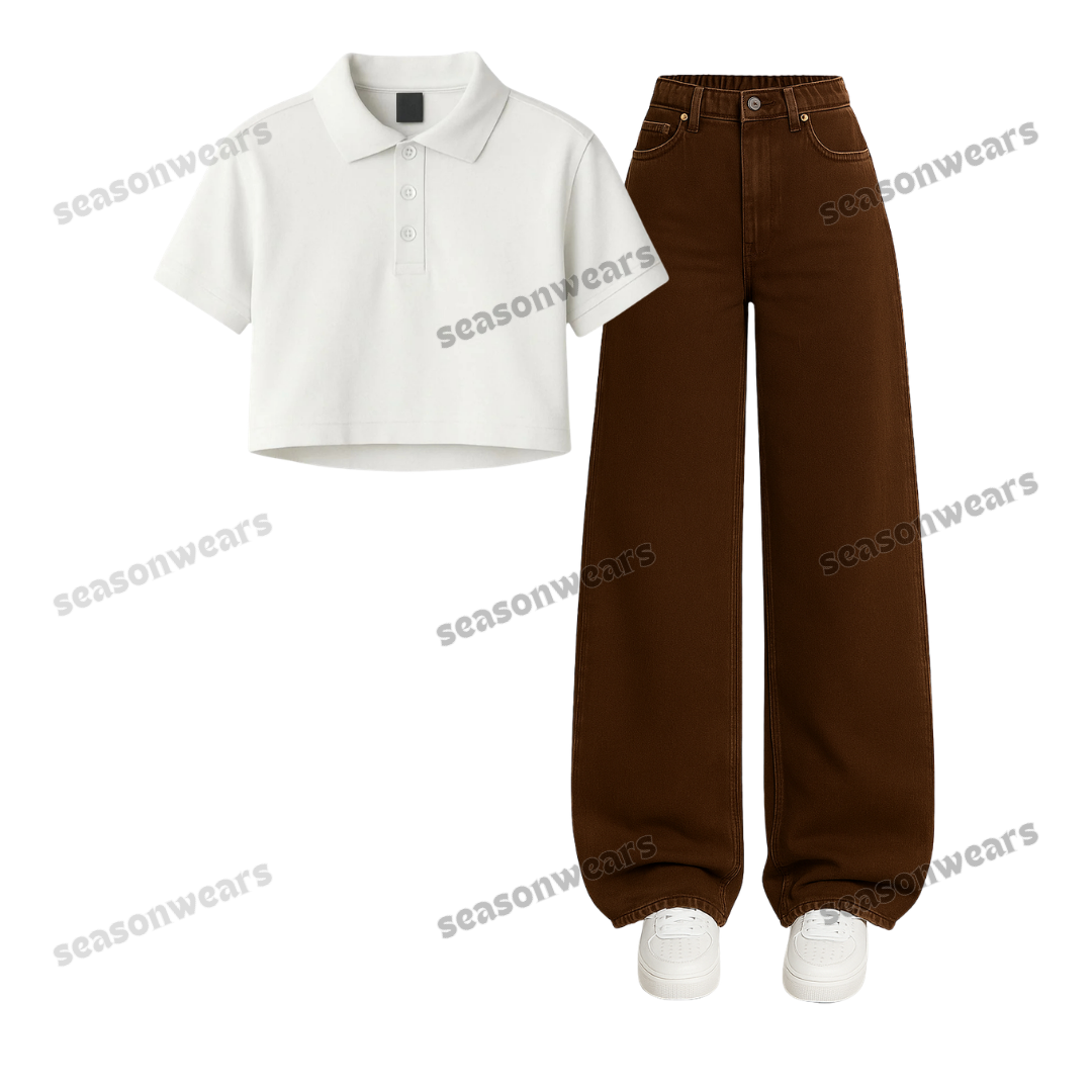 Crop Polo With Brown Wide Leg Jeans