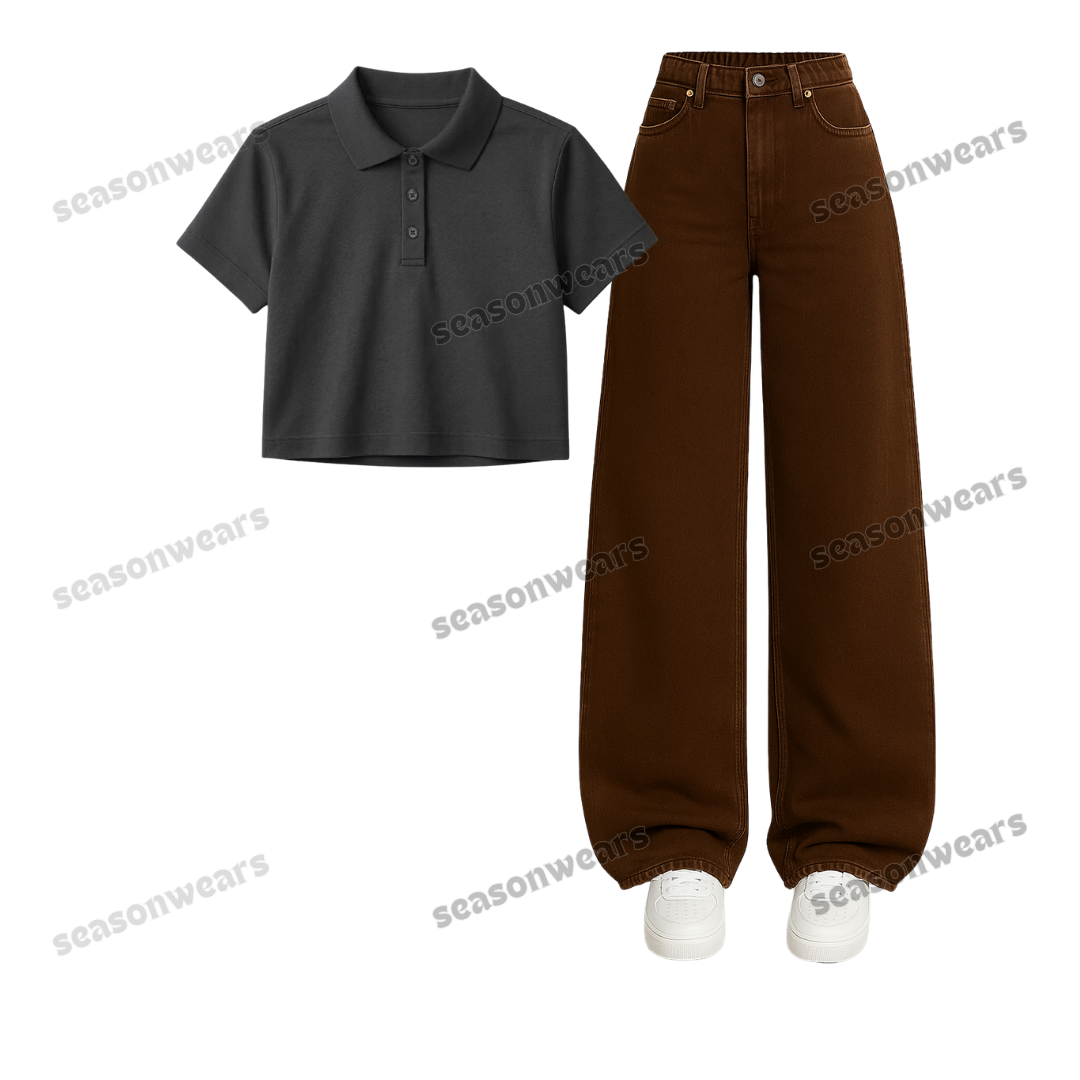 Crop Polo With Brown Wide Leg Jeans