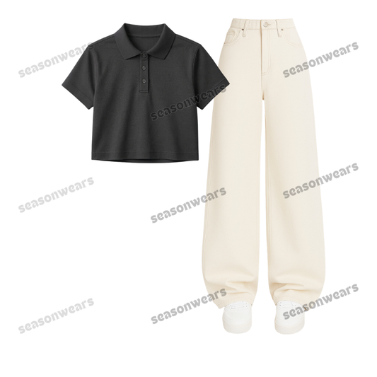 Crop Polo With Beige Wide Leg Jeans
