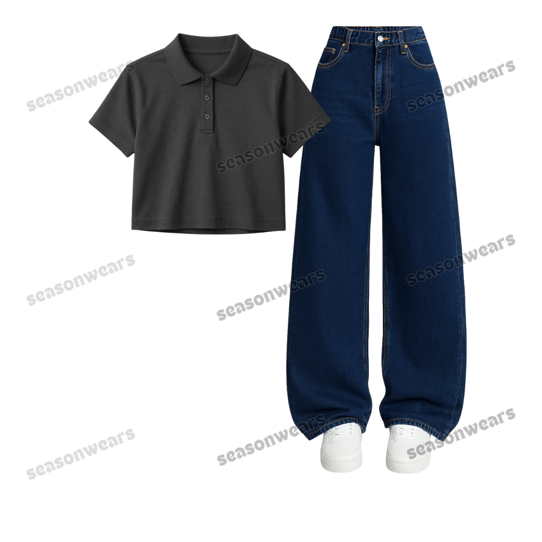 Crop Polo With Iceblue Wide Leg Jeans