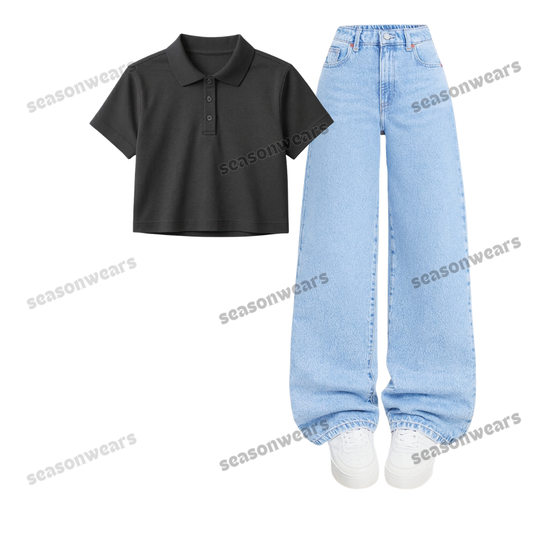 Crop Polo With Iceblue Wide Leg Jeans