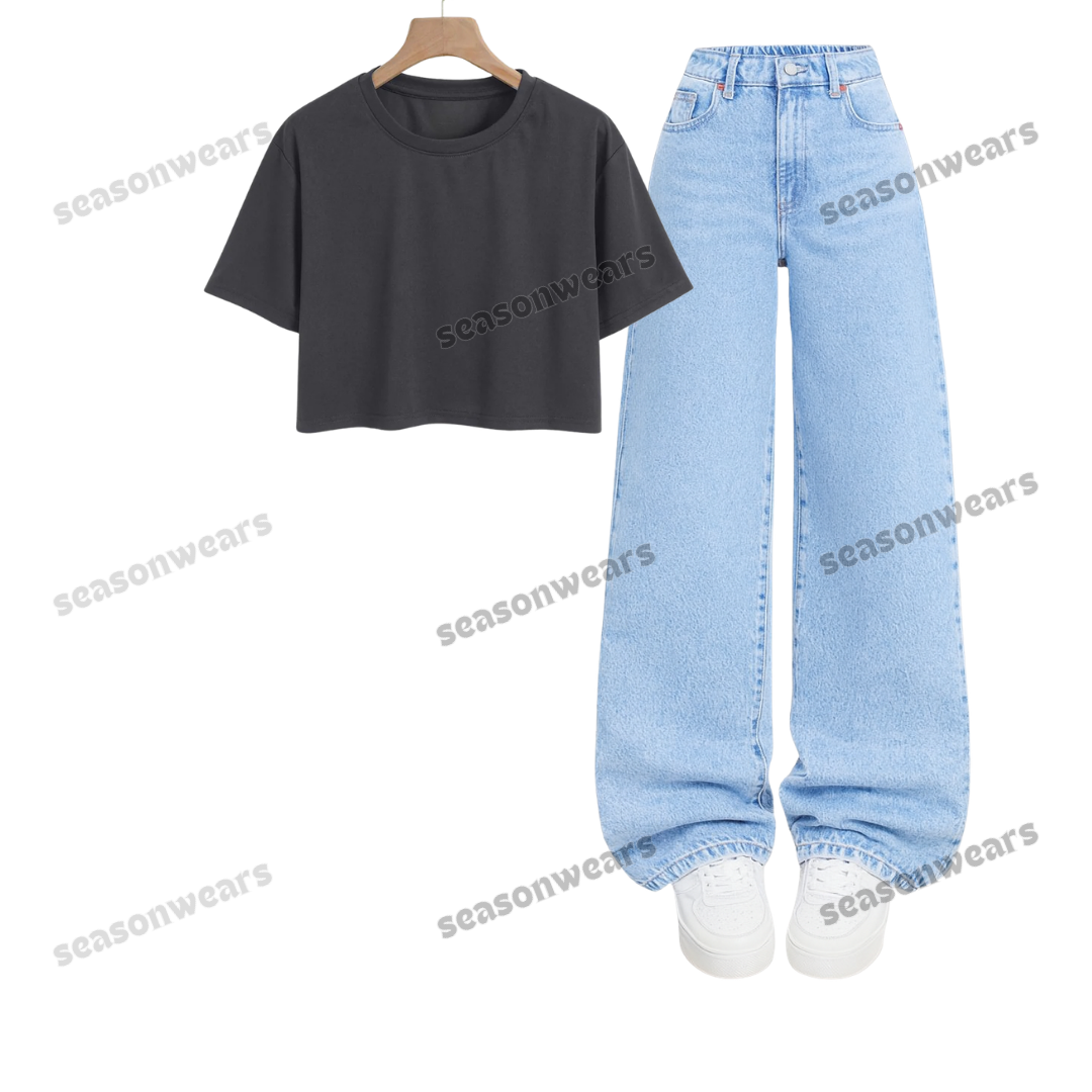 Crop Tee With Iceblue Wide Leg Jeans
