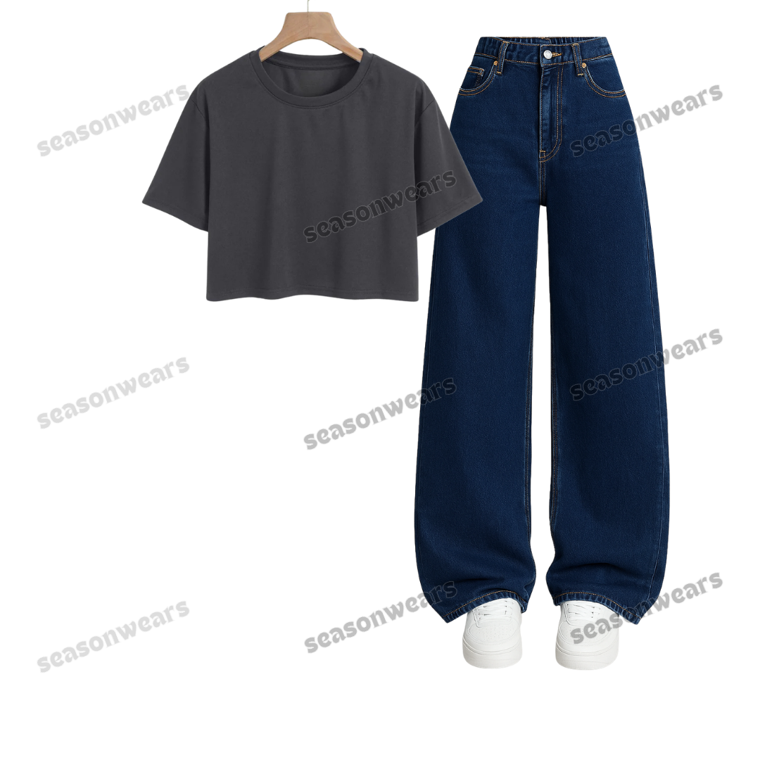 Crop Tee With Darkblue Wide Leg Jeans