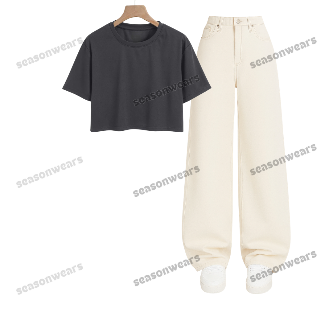 Crop Tee With Beige Wide Leg Jeans