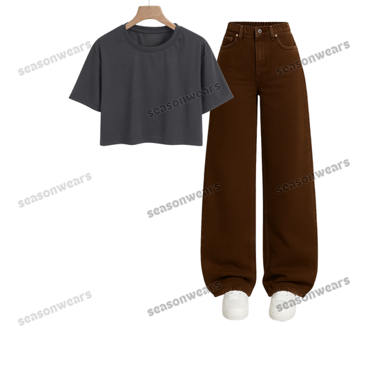Crop Tee With Brown Wide Leg Jeans